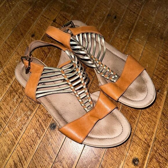 Sundance tan & gold strappy gladiator 40/9 sandals - Picture 1 of 5